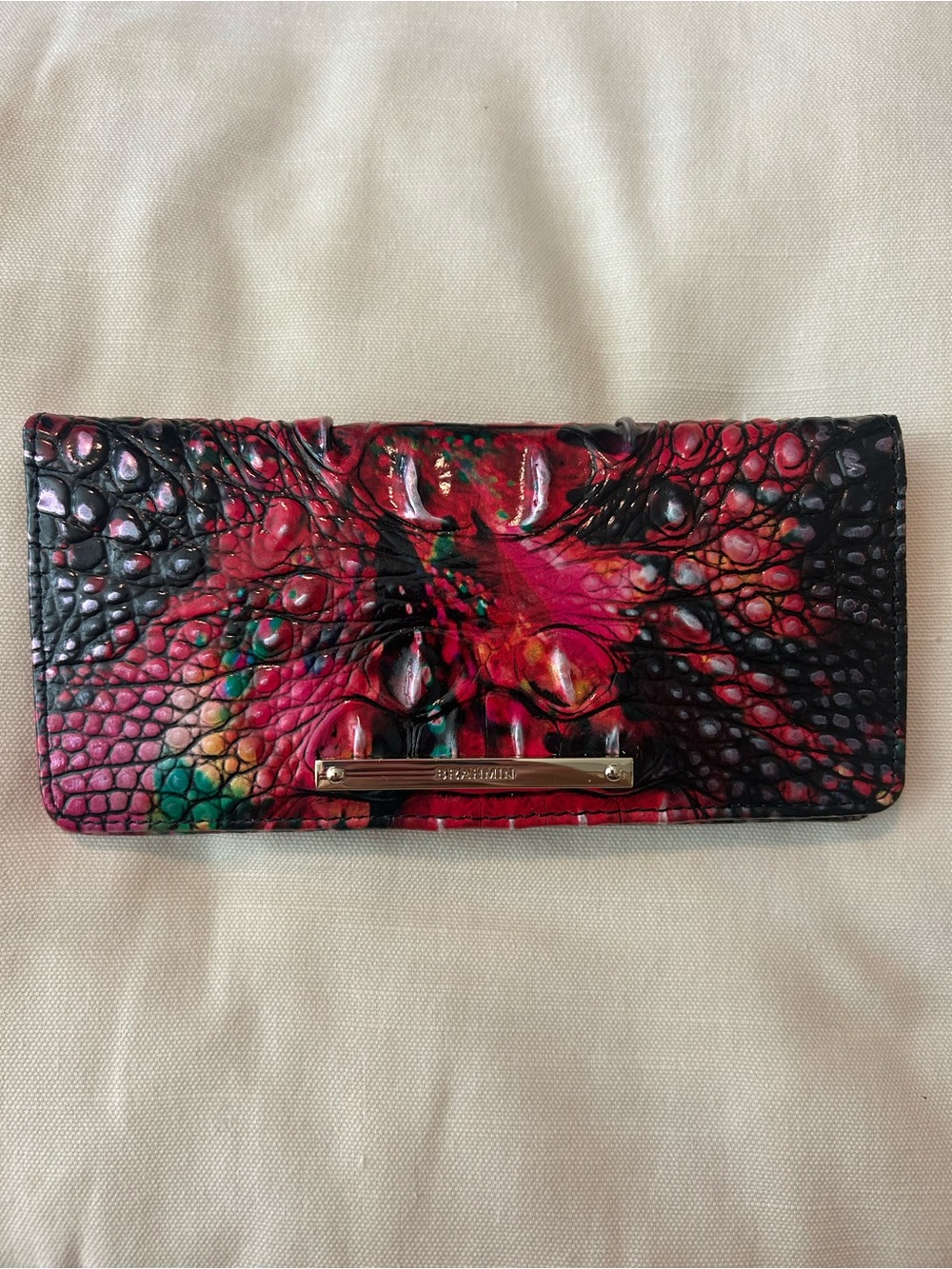 Multi Color Res Pink Black Croc Embossed Wallet - Brahmin